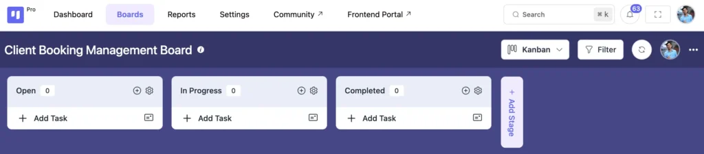 after hitting the save button, you'll see a Kanban board like this!
